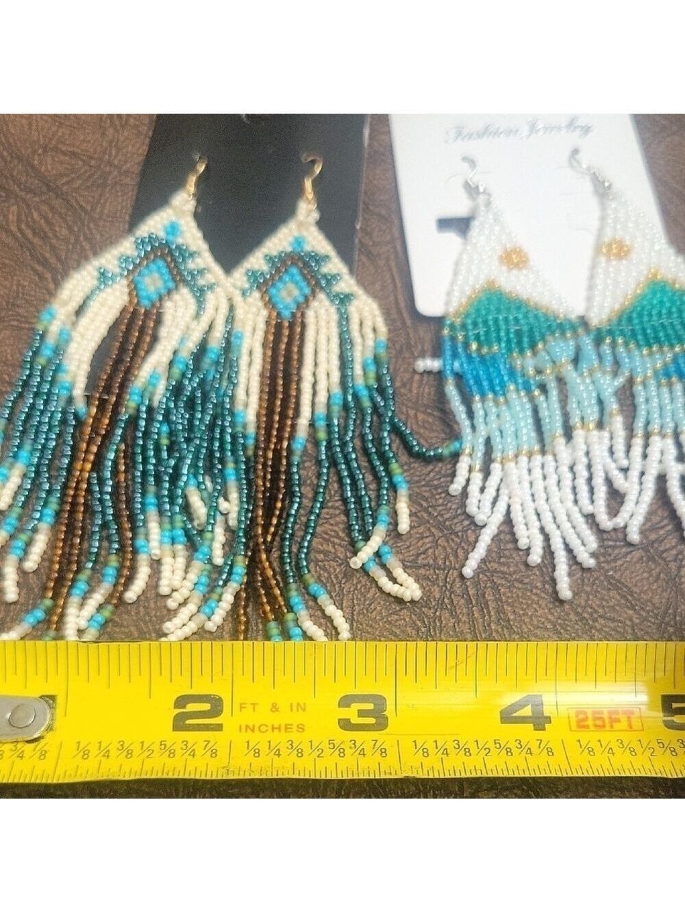 Boho Beaded Fringe Earrings Lot 2 Pairs Turquoise Brown White - Picture 9 of 9